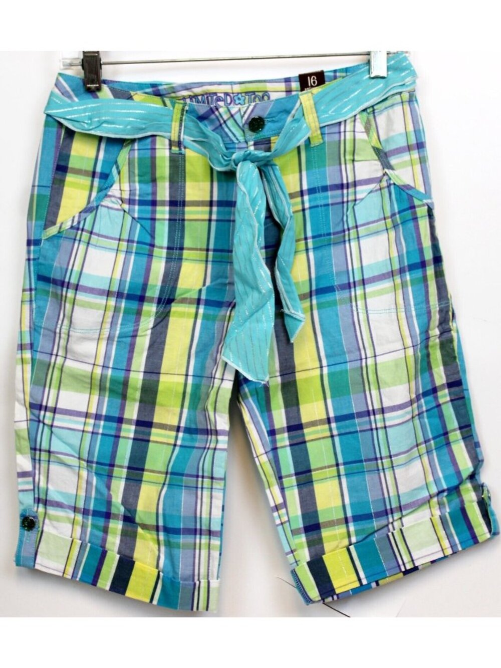 NEW Y2K Limited Too Blue Plaid Shorts sz 16 Regular Blue Green Tie Belt Sparkle
